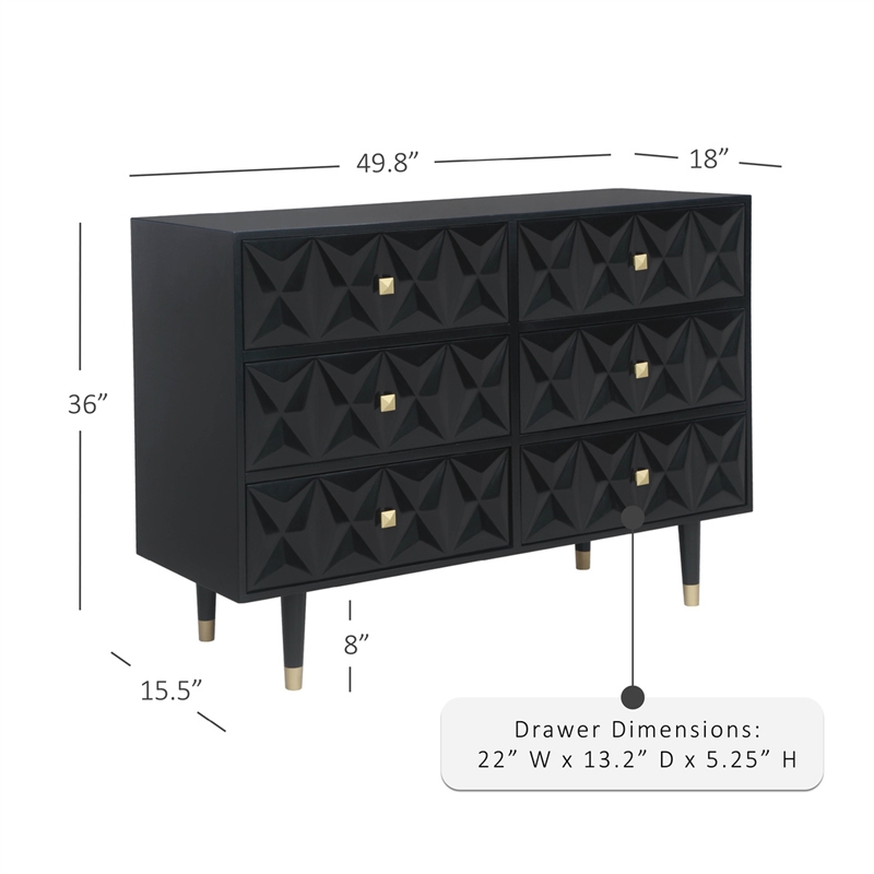 Linon Alick Wood Geo Texture 6 Drawer Dresser Gold Hardware in Glossy Black