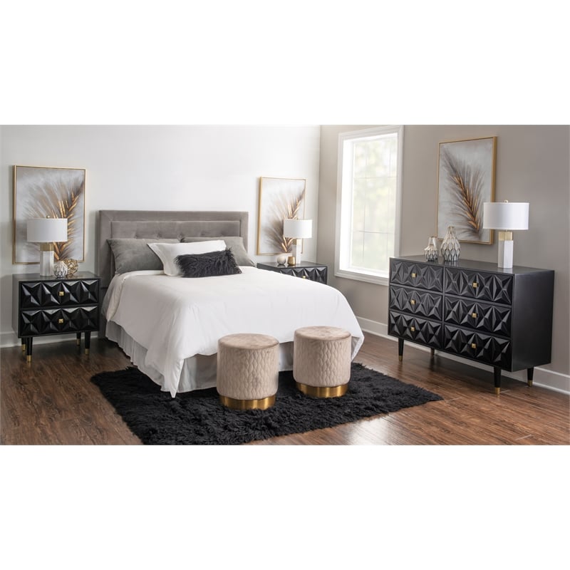 Linon Alick Wood Geo Texture 6 Drawer Dresser Gold Hardware in Glossy Black