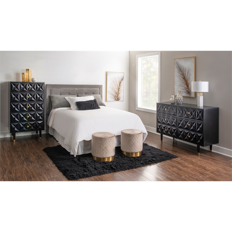 Linon Alick Wood Geo Texture 6 Drawer Dresser Gold Hardware in Glossy Black