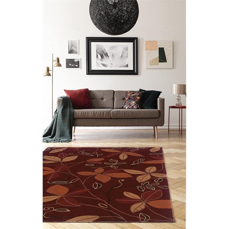 Linon Trio Floating Hand Tufted Polyester 5'x7' Rug in Garnet Red