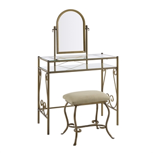 linon clarisse metal vanity and stool set in antique gold