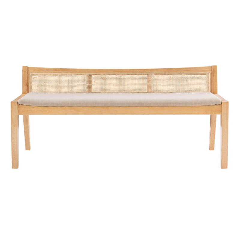Linon Memphis Wood Bench Woven Cane Back Beige Padded Seat in Natural Finish