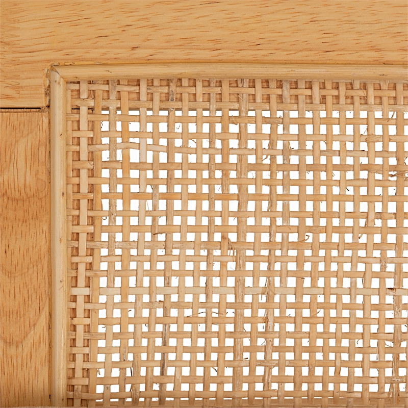 Linon Memphis Wood Bench Woven Cane Back Beige Padded Seat in Natural Finish