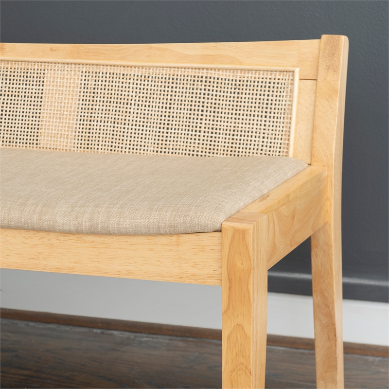 Linon Memphis Wood Bench Woven Cane Back Beige Padded Seat in Natural Finish