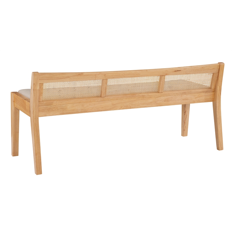 Linon Memphis Wood Bench Woven Cane Back Beige Padded Seat in Natural Finish