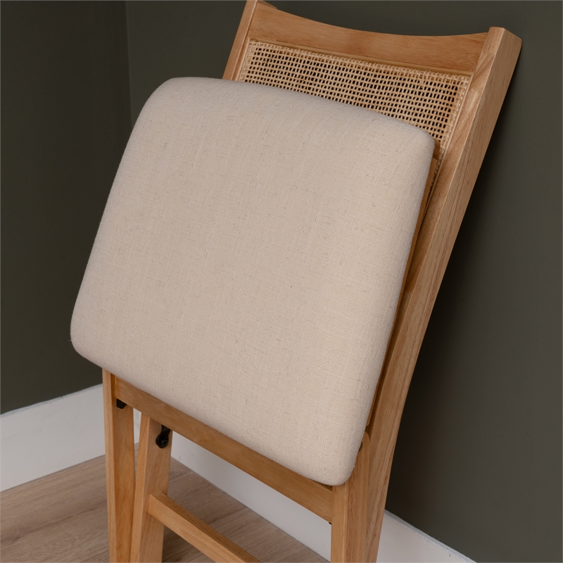 Linon Lorna Folding Side Chair Woven Cane Back Beige Padded Seat in Natural Wood