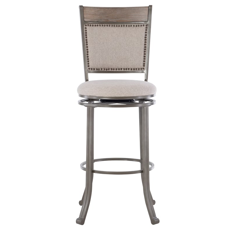 Linon Franklin Swivel Upholstered Barstool Nailhead Trim Steel Frame in Pewter