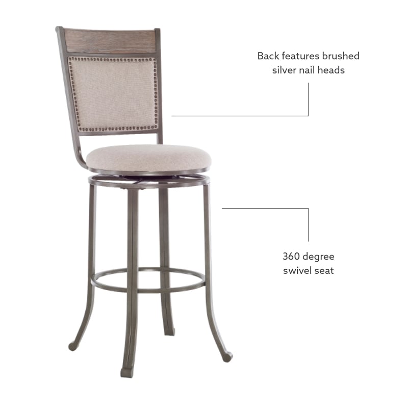 Linon Franklin Swivel Upholstered Barstool Nailhead Trim Steel Frame in Pewter