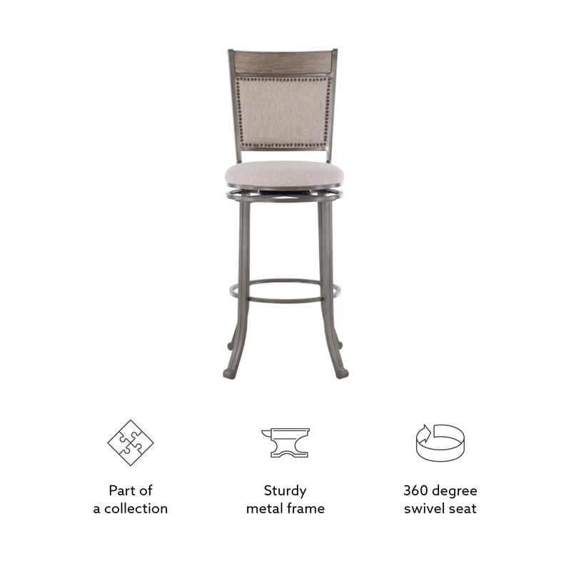 Linon Franklin Swivel Upholstered Barstool Nailhead Trim Steel Frame in Pewter