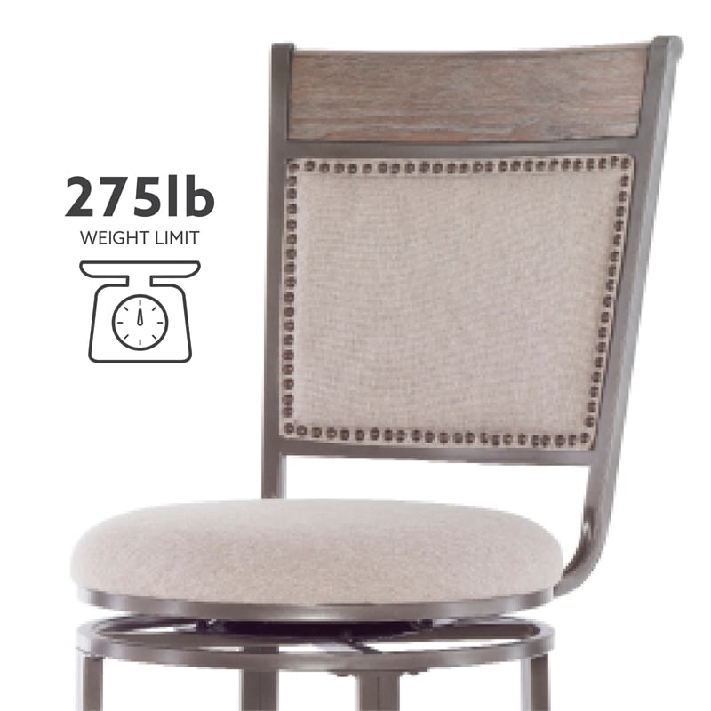 Linon Franklin Swivel Upholstered Barstool Nailhead Trim Steel Frame in Pewter