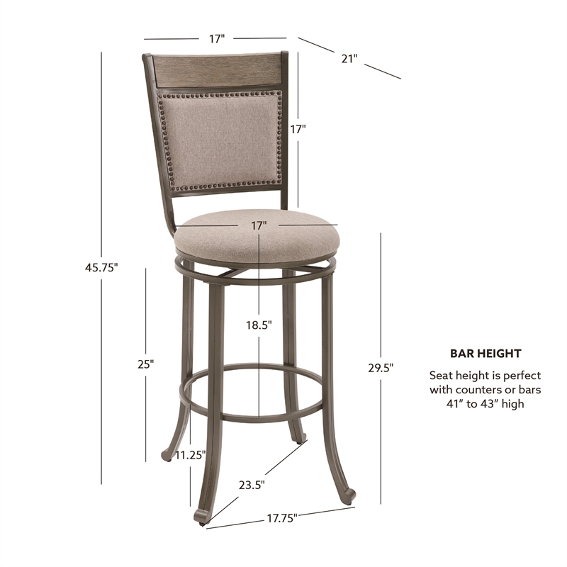Linon Franklin Swivel Upholstered Barstool Nailhead Trim Steel Frame in Pewter