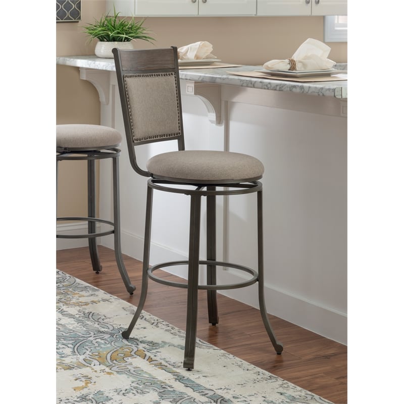 Linon Franklin Swivel Upholstered Barstool Nailhead Trim Steel Frame in Pewter