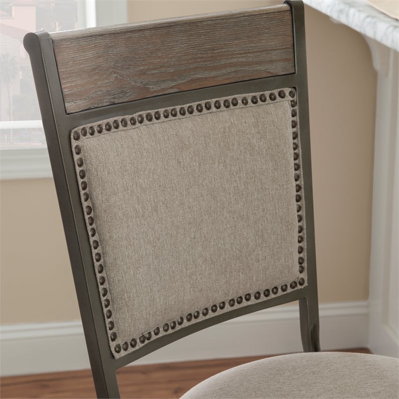 Linon Franklin Swivel Upholstered Barstool Nailhead Trim Steel Frame in Pewter