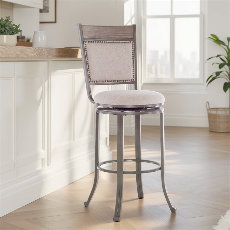 Linon Franklin Swivel Upholstered Barstool Nailhead Trim Steel Frame in Pewter