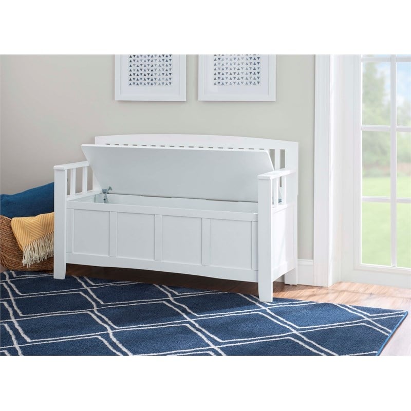 Linon Cynthia Slat Back Storage Bench in Glossy White Wood
