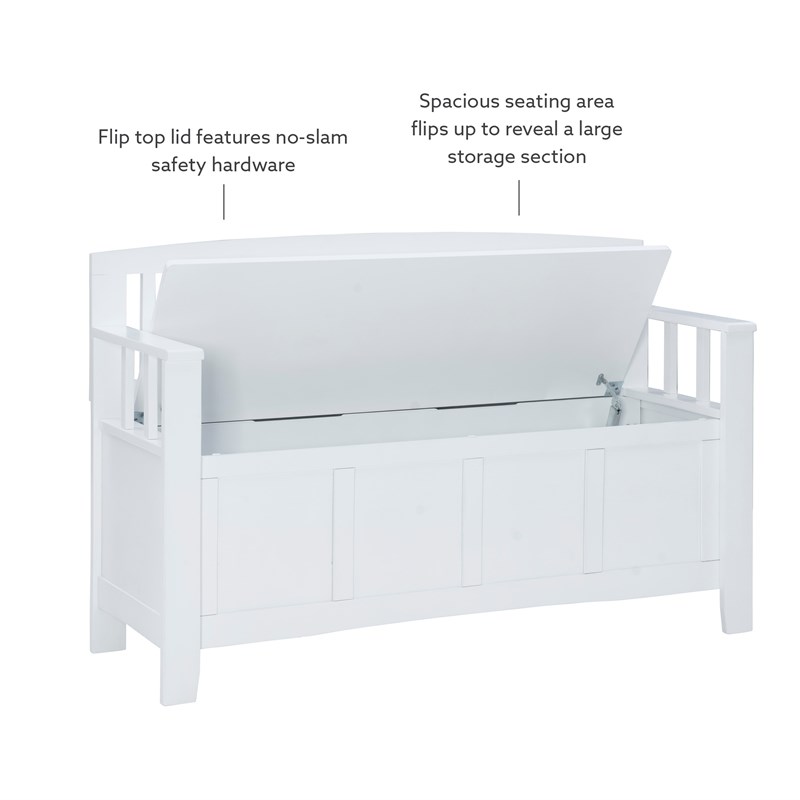 Linon Cynthia Slat Back Storage Bench in Glossy White Wood