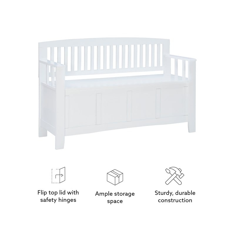 Linon Cynthia Slat Back Storage Bench in Glossy White Wood