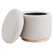 Linon Hawn Round Padded Storage Ottoman Light Wood Trim in Natural Sherpa Fabric