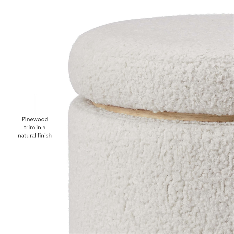 Linon Hawn Round Padded Storage Ottoman Light Wood Trim in Natural Sherpa Fabric