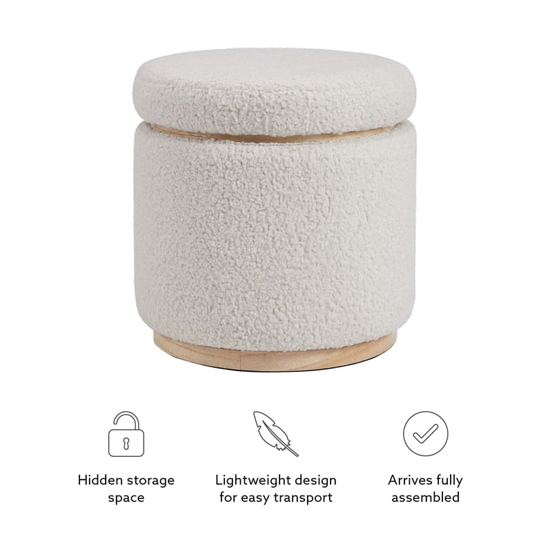 Linon Hawn Round Padded Storage Ottoman Light Wood Trim in Natural Sherpa Fabric