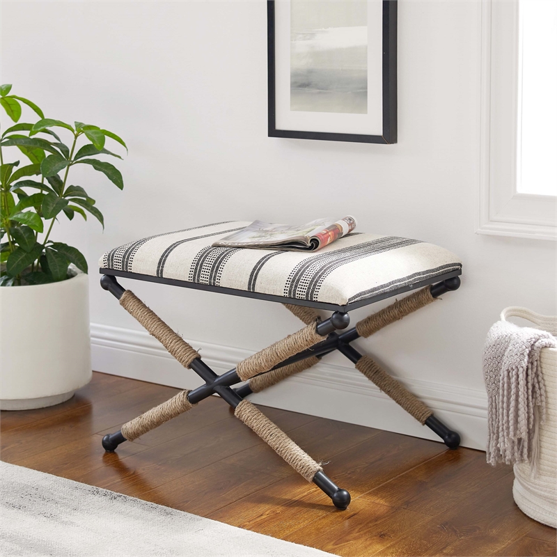 Linon Anna Campaign Accent Stool Metal Legs with Rope Detail in Black Stripe