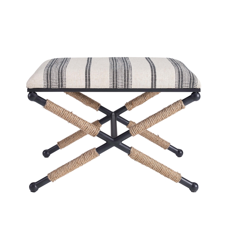 Linon Anna Campaign Accent Stool Metal Legs with Rope Detail in Black Stripe