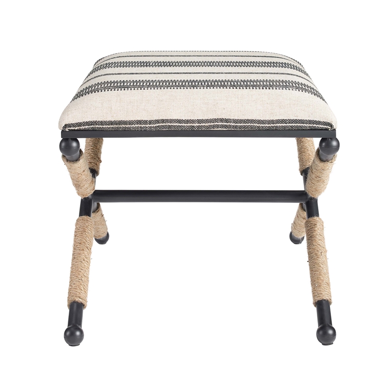 Linon Anna Campaign Accent Stool Metal Legs with Rope Detail in Black Stripe