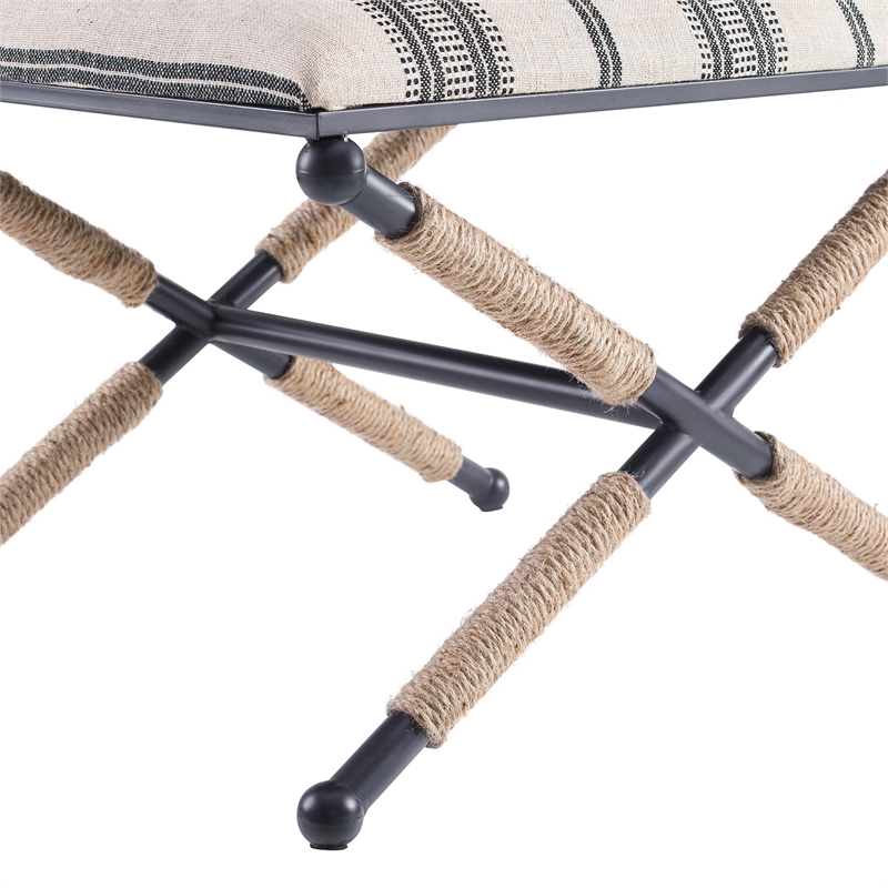 Linon Anna Campaign Accent Stool Metal Legs with Rope Detail in Black Stripe