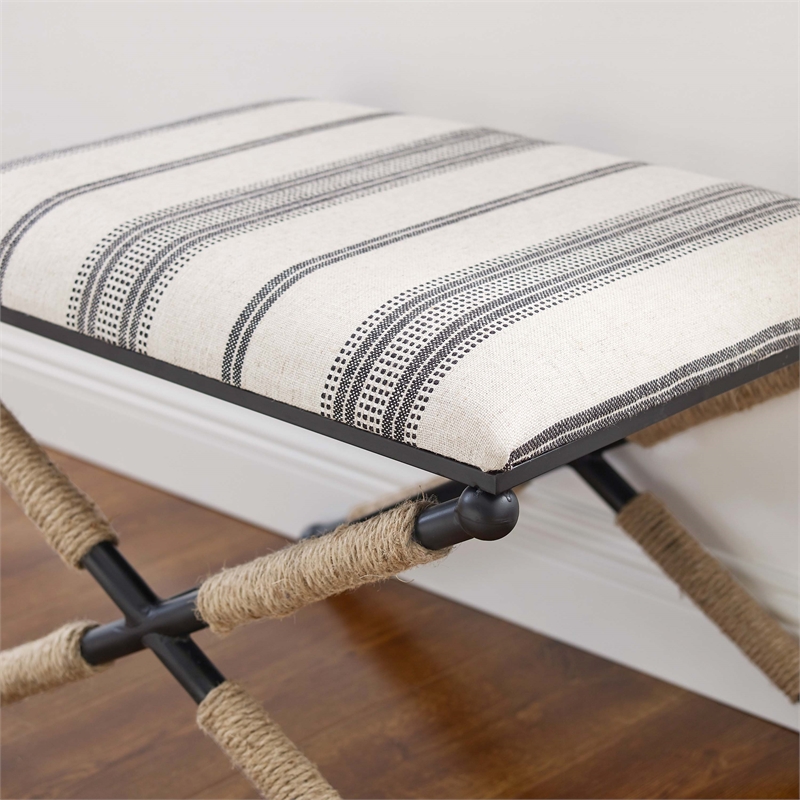 Linon Anna Campaign Accent Stool Metal Legs with Rope Detail in Black Stripe