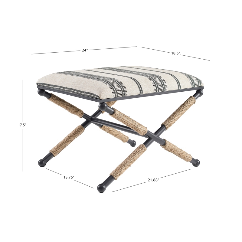 Linon Anna Campaign Accent Stool Metal Legs with Rope Detail in Black Stripe
