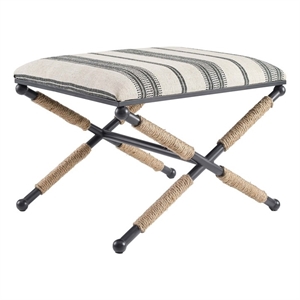 Linon Anna Campaign Accent Stool Metal Legs with Rope Detail in Black Stripe