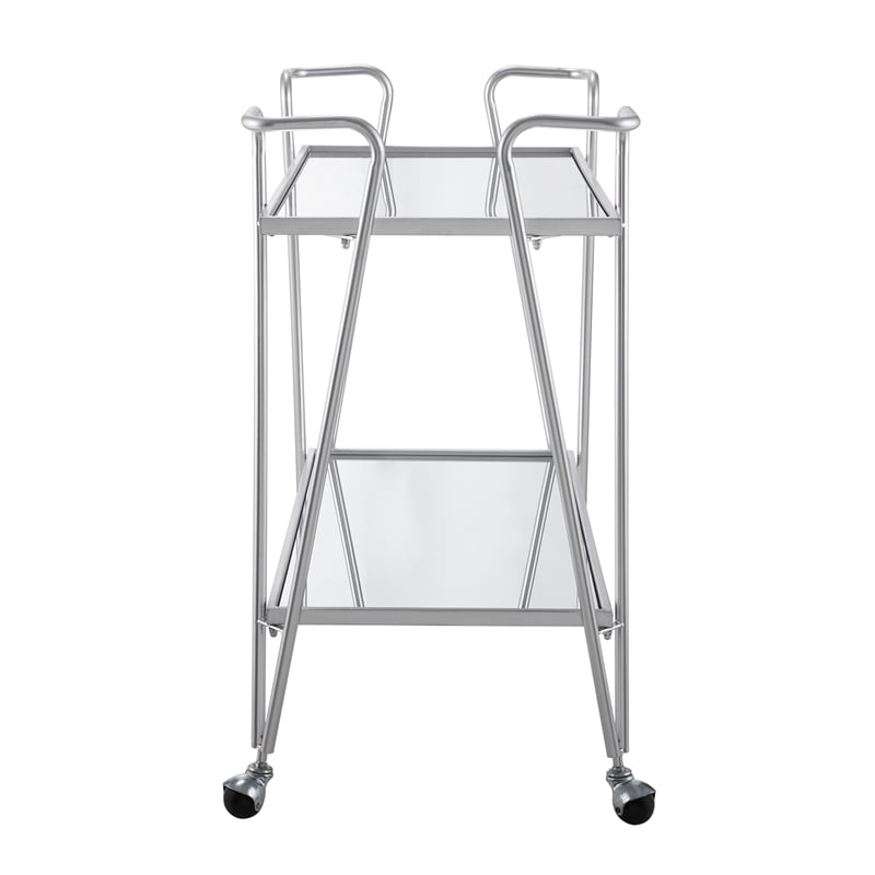 Linon Mia Metal and Mirrored Mid-Century 2 Level Rolling Bar Cart in Silver