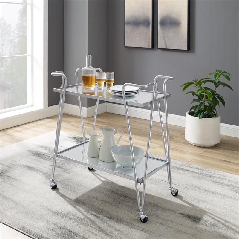 Linon Mia Metal and Mirrored Mid-Century 2 Level Rolling Bar Cart in Silver