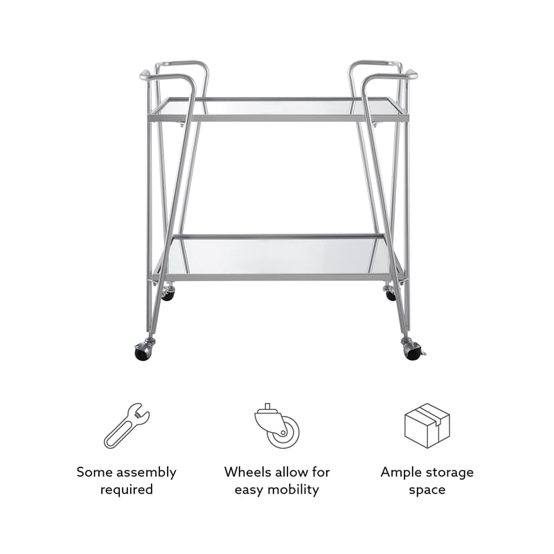 Linon Mia Metal and Mirrored Mid-Century 2 Level Rolling Bar Cart in Silver