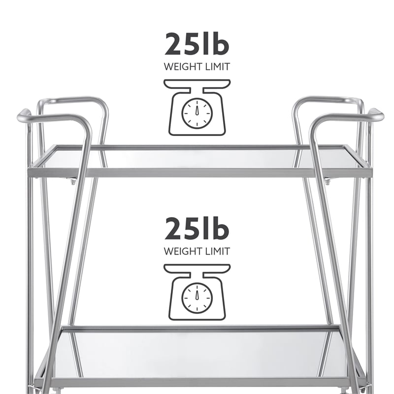 Linon Mia Metal and Mirrored Mid-Century 2 Level Rolling Bar Cart in Silver