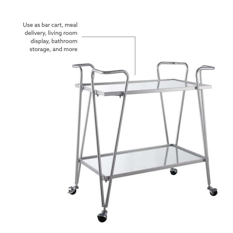 Linon Mia Metal and Mirrored Mid-Century 2 Level Rolling Bar Cart in Silver