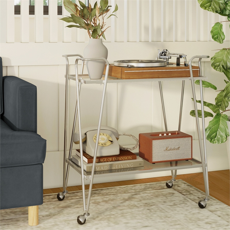 Linon Mia Metal and Mirrored Mid-Century 2 Level Rolling Bar Cart in Silver