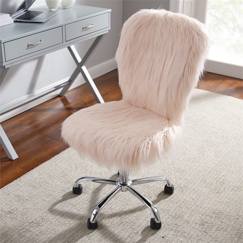 Linon Cami Faux Fur Upholstered Armless Office Chair in Blush Pink