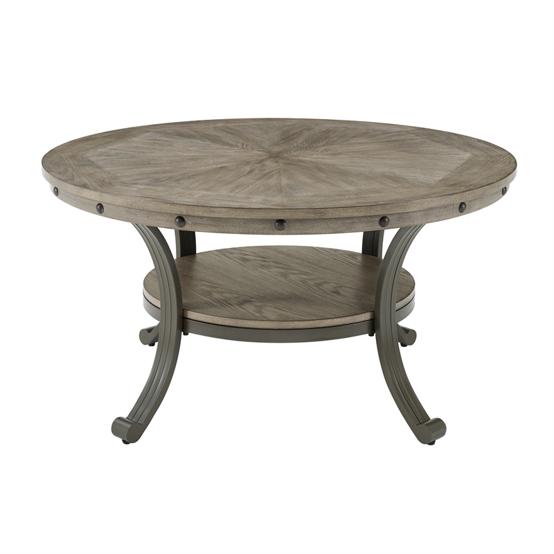 Linon Franklin Round Coffee Table Gray Wood Finish Steel Base in Pewter