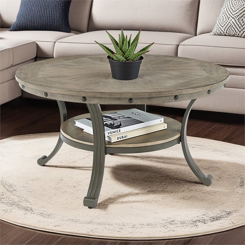 Linon Franklin Round Coffee Table Gray Wood Finish Steel Base in Pewter