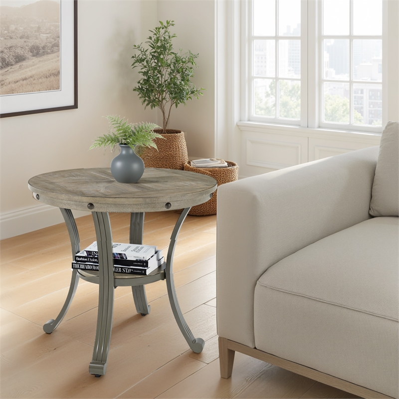 Linon Franklin Round Side Table Gray Wood Finish Steel Base in Pewter