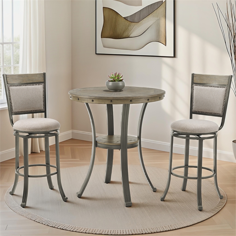 Linon Franklin Gray Wash Wood Upholstered 3 Piece Round Pub Set in Pewter Steel