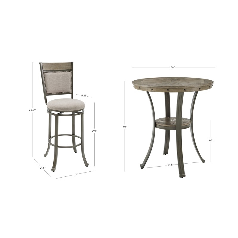 Linon Franklin Gray Wash Wood Upholstered 3 Piece Round Pub Set in Pewter Steel