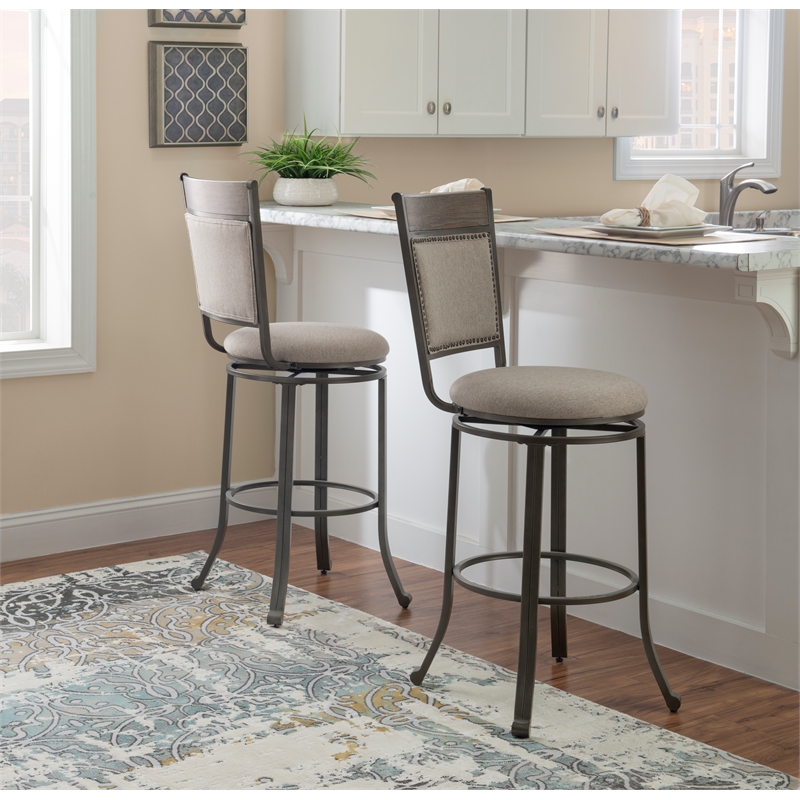 Linon Franklin Gray Wash Wood Upholstered 3 Piece Round Pub Set in Pewter Steel