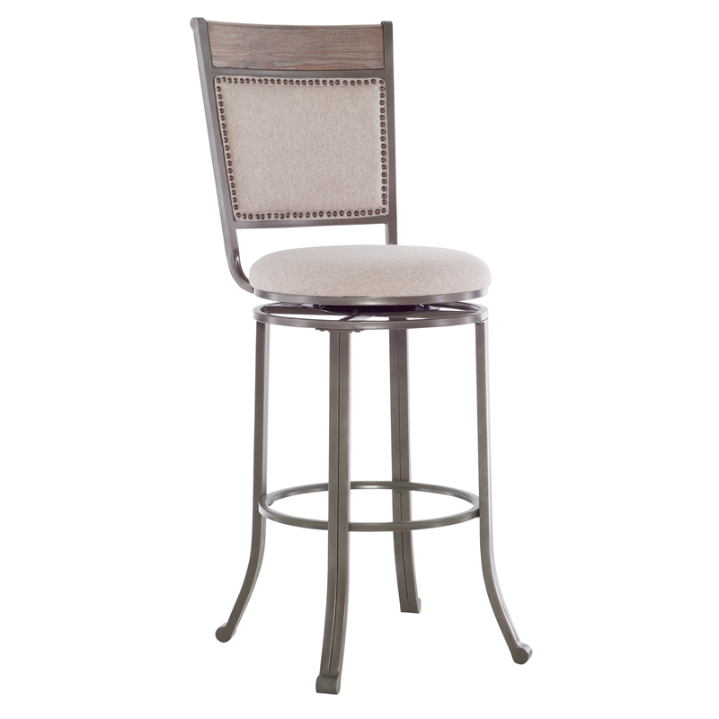 Linon Franklin Gray Wash Wood Upholstered 3 Piece Round Pub Set in Pewter Steel