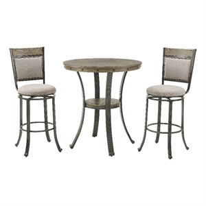 Linon Franklin Gray Wash Wood Upholstered 3 Piece Round Pub Set in Pewter Steel