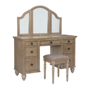 linon sandra vanity and bench with led lighted mirror in taupe brown