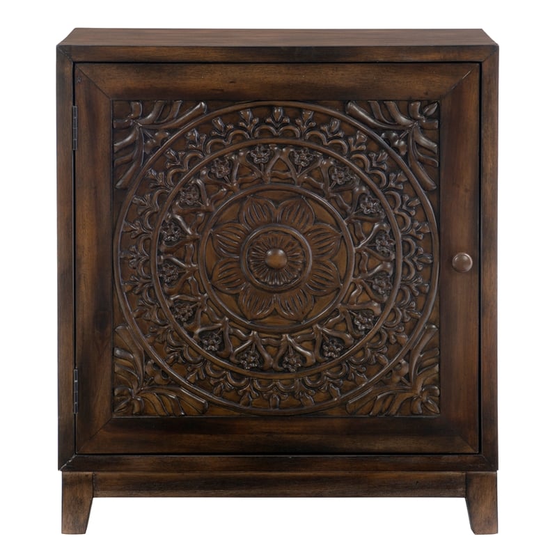 Linon Grace Storage Accent Cabinet Carved Medallion in Dark Brown Finished Wood