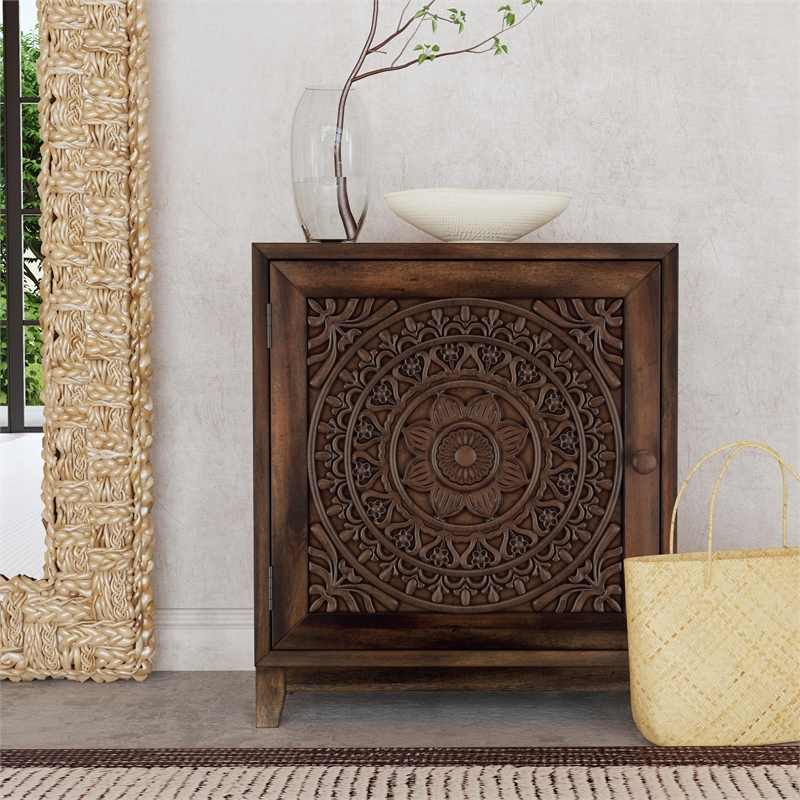 Linon Grace Storage Accent Cabinet Carved Medallion in Dark Brown Finished Wood