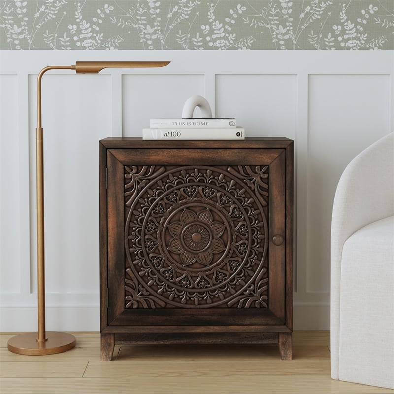 Linon Grace Storage Accent Cabinet Carved Medallion in Dark Brown Finished Wood